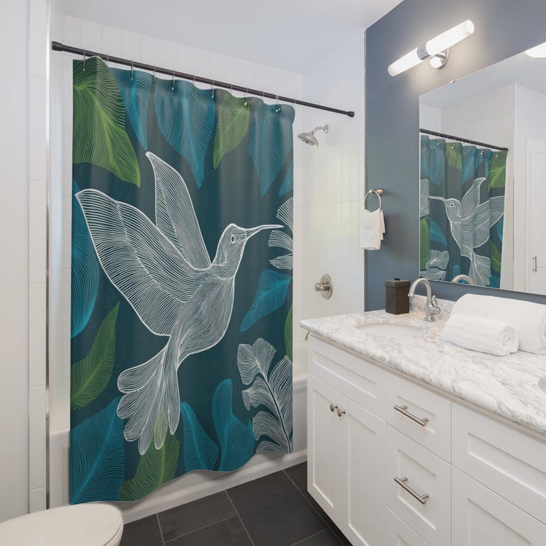 Hummingbird Leaves Shower Curtain | Teal Botanical Bathroom - Etsy