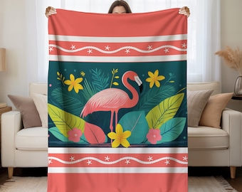 Pink Flamingo Tropical Coastal Guest Room Velveteen Plush Blanket