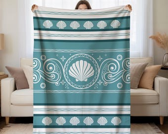 Seashell Coastal Design Velveteen Plush Blanket | Beach House Throw, Ocean Colors