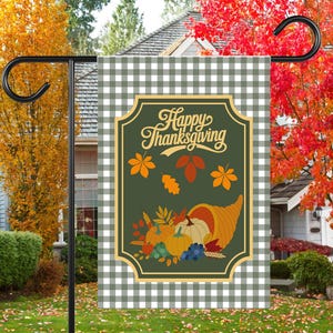 Happy Thanksgiving Cornucopia Garden Flag | House Banner, Fall Plaid
