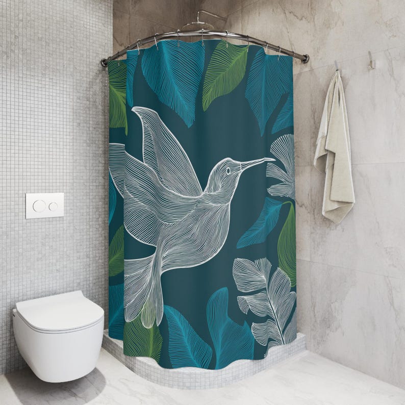 Hummingbird Leaves Shower Curtain | Teal Botanical Bathroom - Etsy