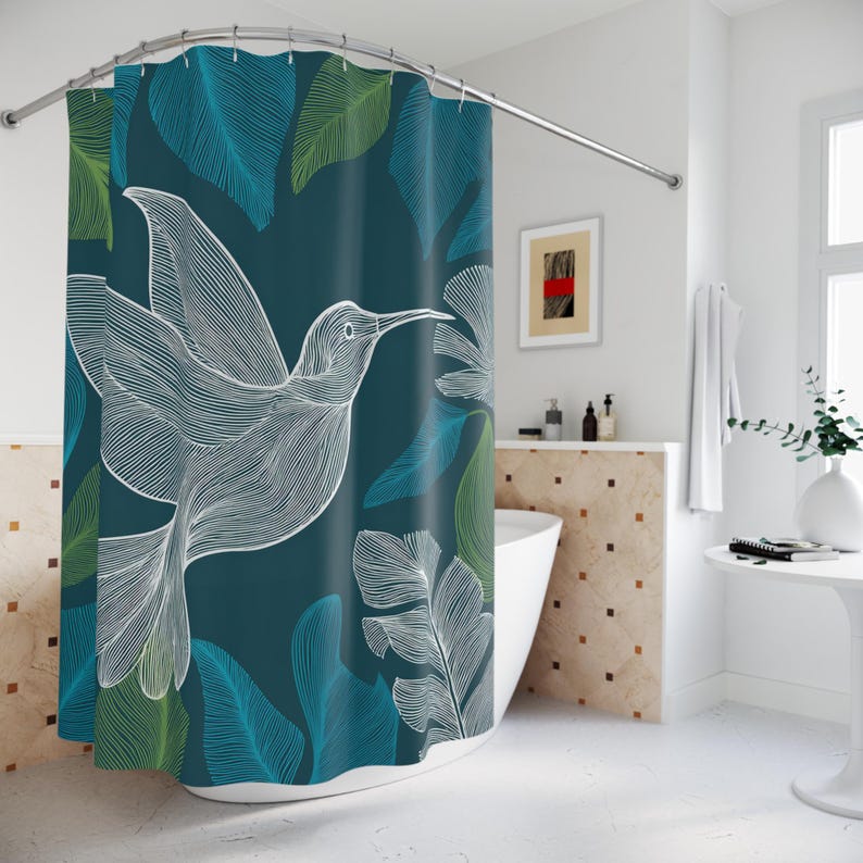 Hummingbird Leaves Shower Curtain | Teal Botanical Bathroom - Etsy
