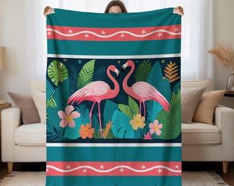 Tropical Flamingo Velveteen Plush Blanket | Pink Flamingos, Tropical Leaves & Flowers