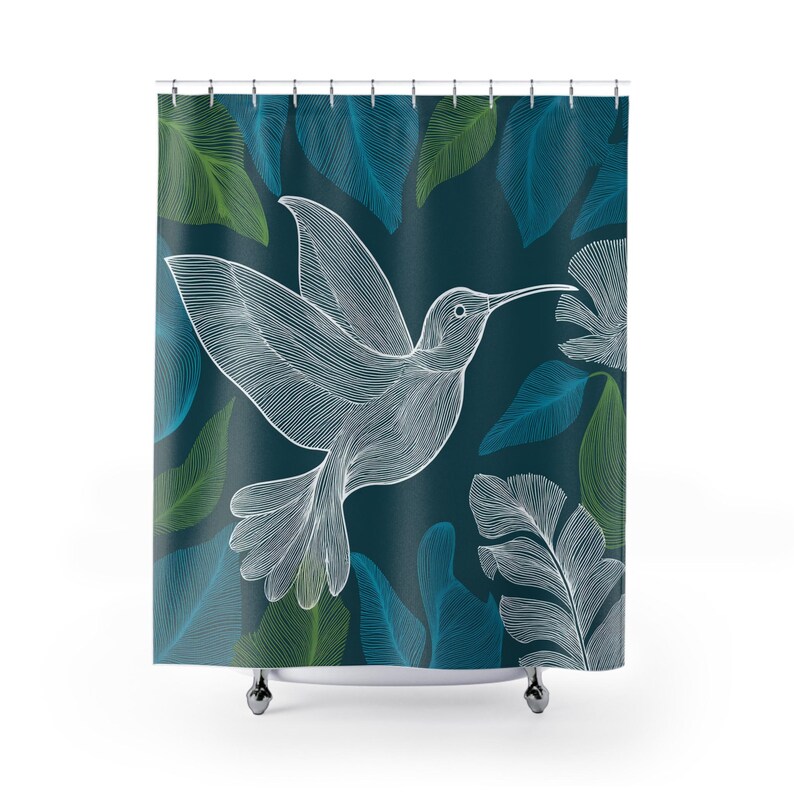 Hummingbird Leaves Shower Curtain | Teal Botanical Bathroom - Etsy
