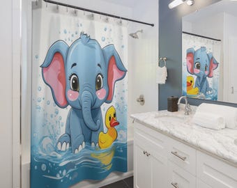Elephant Shower Curtain, Rubber Duck, Kids Bathroom Decor, 71 inches x 74 inches