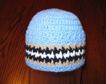 Skullcap beanie Crochet hat in Blues, Tan and White