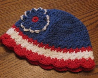 Patriotic Striped beanie with flower accent