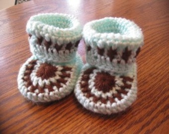 Mint Green and Brown Baby Booties