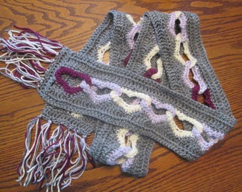 Grey and Purple Sweetheart Scarf - a crocheted linked heart scarf