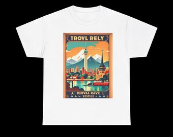 Retro Travel Poster T-Shirt | Mountain City Skyline Tee