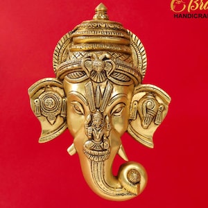Brass Ganesh Wall Hanging | Brass Ganesha Face with Lakshmi and Shank Chakra | Pure Brass Wall Art for home decor and puja decor by TBH