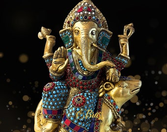 ヴィンテージ インドのガネーシャ像（ネズミのムーシカに座る）木製