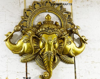 Colgante de pared de latón con 3 caras de Ganesh / Ganesh de 3 caras para decoración de pared, arte de pared, decoración de pared hecha a mano, ídolo de Ganesha de TBH