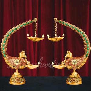 Brass Deepak With Stonework, Big Brass Oil Lamp Stand, Brass Decorative Diyas, Handcrafted Deepak for Home Temple Decor, Traditional Lamps