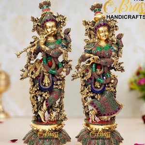 Handmade Radha Krishna Brass Idol Playing Flute Brass Idol with mosaic Stone work, Radha Krishna in divine pose for home decor, temple decor