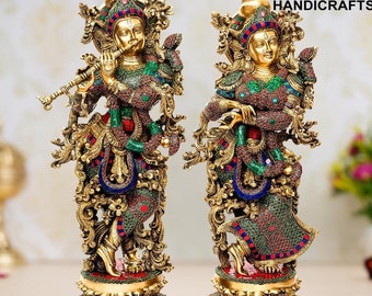 クリシュナ・ラダ像 一点物】ラーダ・クリシュナ像 永遠の愛の象徴 美しいブラス製〔約36cm