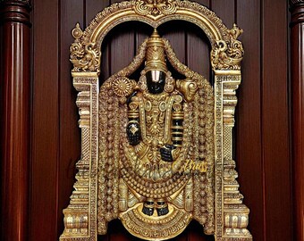 Väggbonad i mässing i Tirupati Balaji, väggkonst i Vishnu Perumal, väggdekor i ren mässing i Balaji för heminredning, tempeldekor i Tirupati