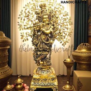 Brass Krishna Statue Anniversary Gift Temple Home Pooja Decor Gift for Him Lord Krishna playing flute under Kalpavriksha tree for Home Decor