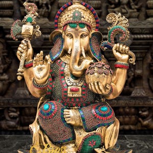 Handmade Ganesha statue with Mosaic Work in pure brass Ganesh Idol for new home | Ganesh Home Decor on Lotus | Ganapati Idol for home By TBH