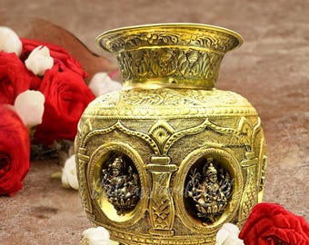 Brass Ashtalakshmi Kalash: 8" Puja Lota Pot, Hindu Temple Decor Ashtalakshmi Kalash for Pujan, brass home decor, Indian Puja Needs for home