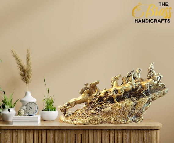 Brass 9 Lucky Horses Running Uphill, Vastu Statue for Growth
