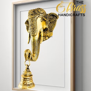 Lord Ganesha Brass Face with Bell Wall Hanging, Brass Indian Home Decor, Diwali Decorations, Vignaharta Ganapati, Siddhi Vinayak, Wall Decor