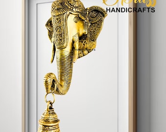 Colgante de pared con cara de latón de Ganesha y campana, decoración india de latón para el hogar, decoraciones de Diwali, Vignaharta Ganapati, Siddhi Vinayak, decoración de pared