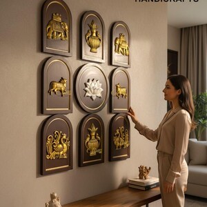 Nav Tatva Heritage Collection, Brass Wall Frame Set of 9, Luxury Indian Wall Decor, Vastu Wall Art Brass Motif Frames for Home Office, Hotel