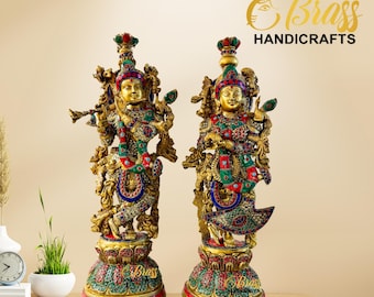 Messing Radha Krishna Idol | Krishna mit Radha Statue 21 Zoll Messing Stehend Radha Krishna | Gott der Liebe krishna mit Flöte vishnu laxmi