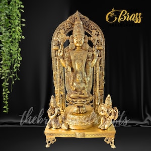 Brass Balaji Statue with Dashavtar Arch with Hanumanji and Garuda on base and Lakshmi | Balaji with Lakshmi idol for home & temple decor