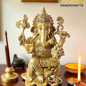 Ganesha Kamalasan Statue, Brass Lord Ganesha Statue for Home Temple | Hindu God of Luck | Brass Ganesh Decor |Housewarming Gift & Mandir Art