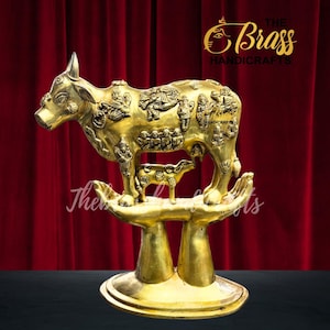 Brass Kamdhenu Cow with Calf on Hands exclusive Decor | Cow & Calf Home Decor | Temple Decor, Altar decor for prosperity and growth by TBH