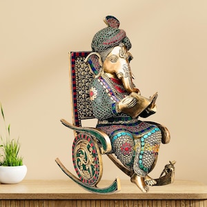 Brass Ganesh on Rocking Chair with stonework | Ganesh Idol for Home Decor | Ganesh Statue for Gifting, home decoration, temple decor by TBH