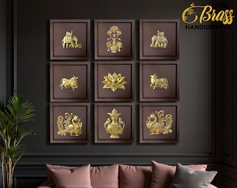 Brass Motifs on Wooden Frames 3D Brass Wall Art | Elegant Wooden Wall Decor for Home, Office Handcrafted Brass & Wood Wall Hanging Set of 9