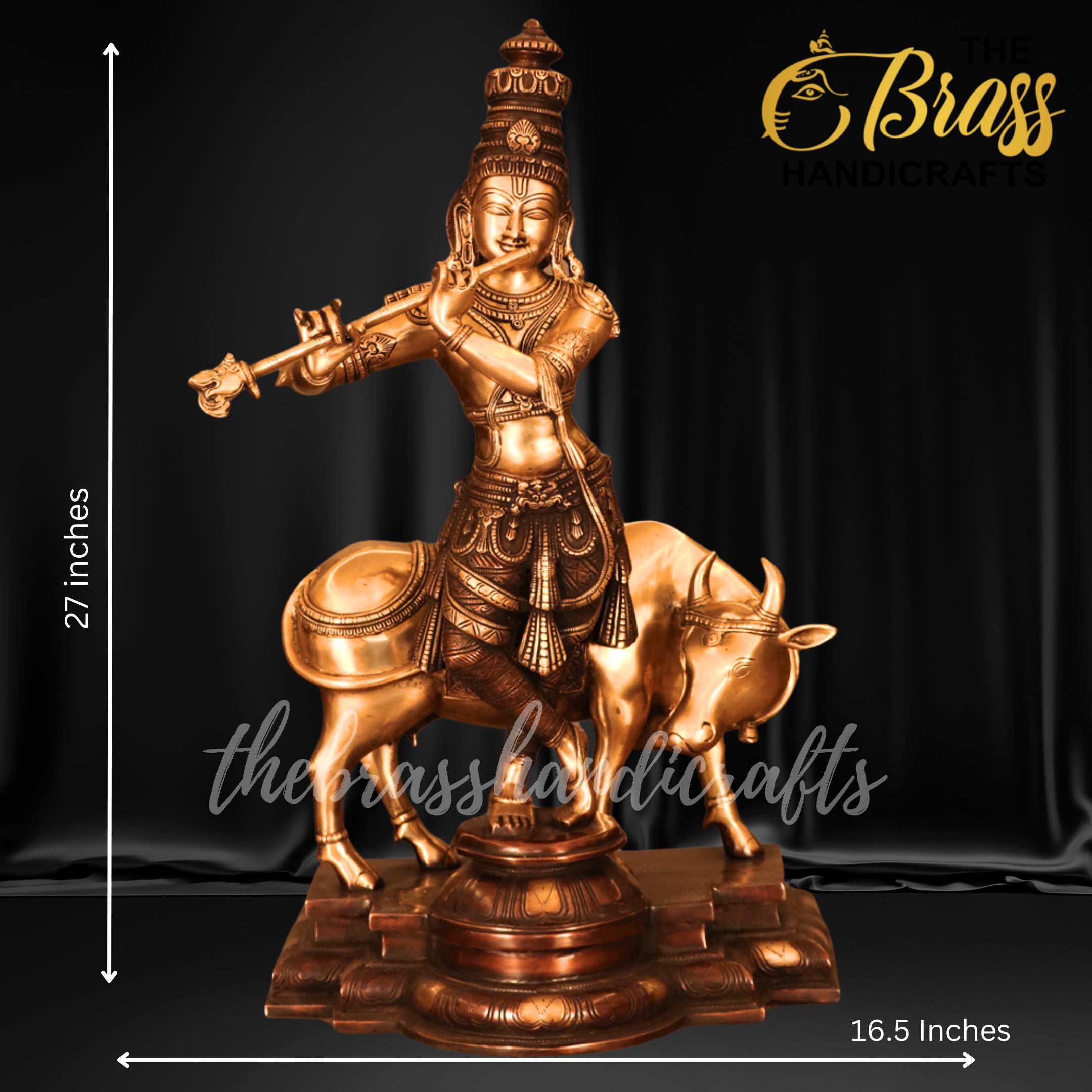 豊かさと繁栄を引き寄せる、純粋な真鍮製の真鍮製牛のクリシュナ神像