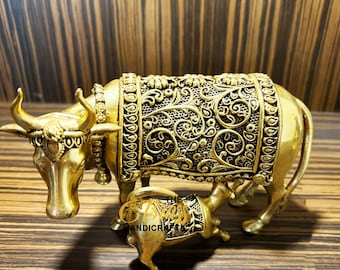 Light weight pure brass kamdhenu cow for home decor | cow and calf statue for puja decor & home decor, for prosperity and growth by TBH
