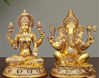 Brass Ganesha Lakshmi Statues in Premium Quality Finish, 18 Inches high quality Ganesha Lakshmi Idols for home, office decor & temple decor