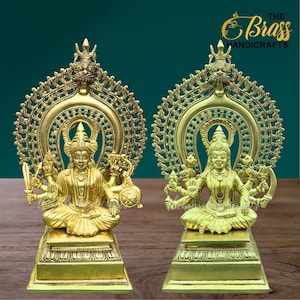 Brass Vishnu Lakshmi Statues on Kerala Prabhavali throne, South Indian special, Mahavishnu & Mahalakshmi statues for temple and home decor