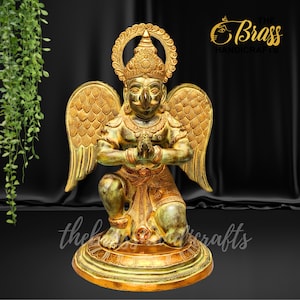 Lord Garuda Statue in Sitting Namaskar Mudra 28&quot;, Brass Garuda Idol Wagon of Lord Vishnu, King of Bird, Brass Garud, Brass Garuda Rare find