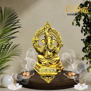Brass Pagdi Ganesh sitting on chowki Base | Pagdi Ganesha statue | Ganesha idol for home decor | Ganesh statue for puja & Home decor by TBH
