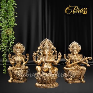 Ganesha, Lakshmi and Saraswati Statues Set in pure brass for temple decor home decor, office decor home temple Laxmi Ganesh & Saraswati idol
