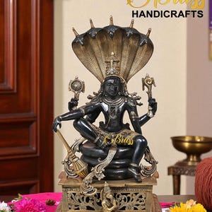 Brass Vishnu idol on Sheshnag Statue - 29 Inch Indian Art Decor Vishwambhara with Adi Shesha Hindu God Idol for Home Decor, Temple & Gifting