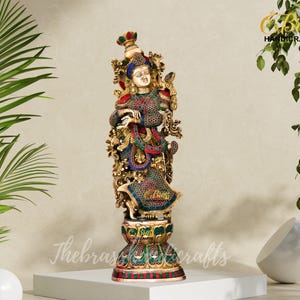 Brass Radha Rani statue | Queen of Vrindavan Statue | Indian God Radha statue for Decor, Puja, Gifting with Inlay work by TBH