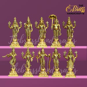 Brass Dashavatara Idol set, 10 incarnations of vishnu dashavatar statues, dashavtar for home decor, temple decor, set of 10 idols, 10&quot; each.