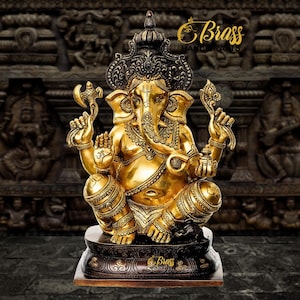 Large Brass Ganesha Statue - 40CM | Big Ganpati Idol | Hindu God of Luck | Ideal for Home Temple, Pooja, or Garden Décor | Elephant God