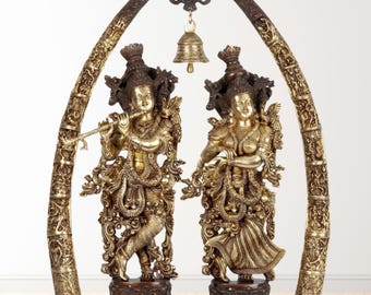 Radha Krishna Statue mit Krishna Geschichte auf Tusk Rahmen eingraviert Messing Stehend Radha krishna | Liebesgott Krishna mit Flöte als Wohndeko