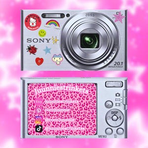Pu&ograve; includere: Fotocamera digitale Sony argentata decorata con adesivi, tra cui un adesivo di Hello Kitty, un arcobaleno e una faccina sorridente. Il retro della fotocamera presenta una stampa leopardata rosa con handle dei social media.