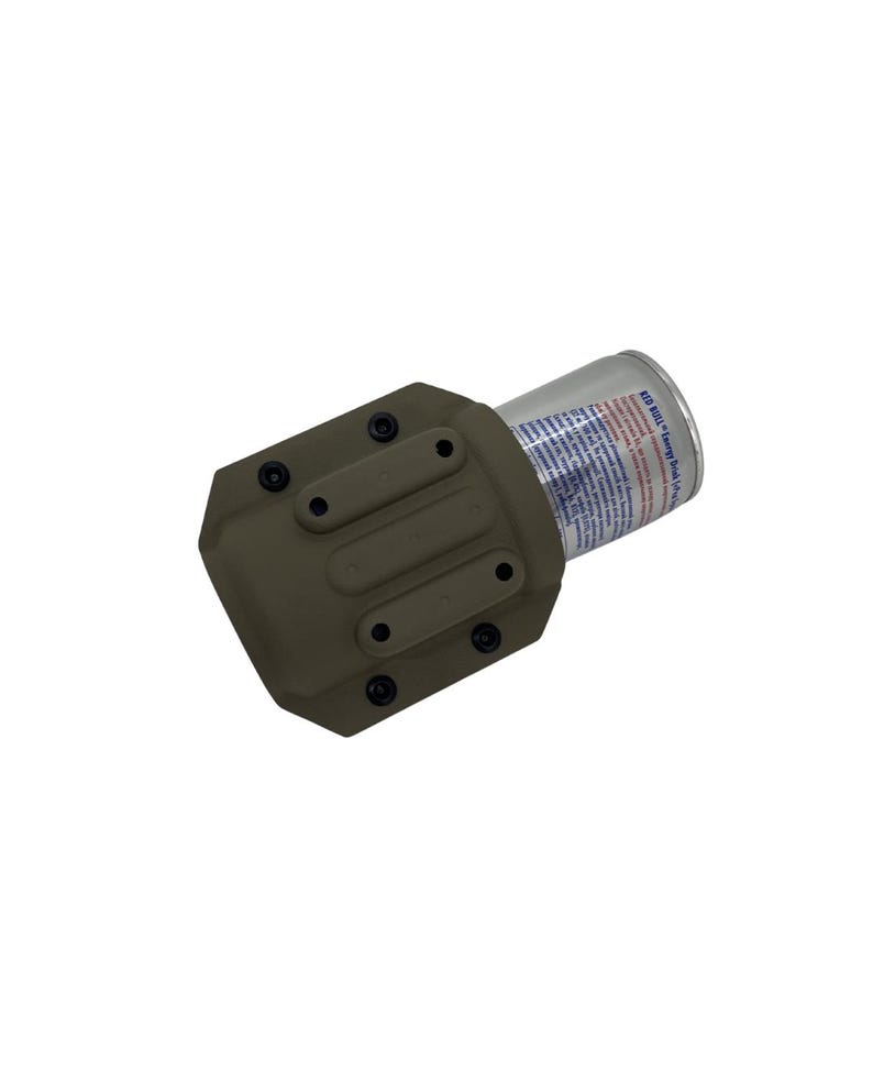 May include: An olive-drab colored can holder with a Red Bull energy drink can. The holder has a rectangular shape with rounded edges and several black screws. The can is silver with red and blue text.