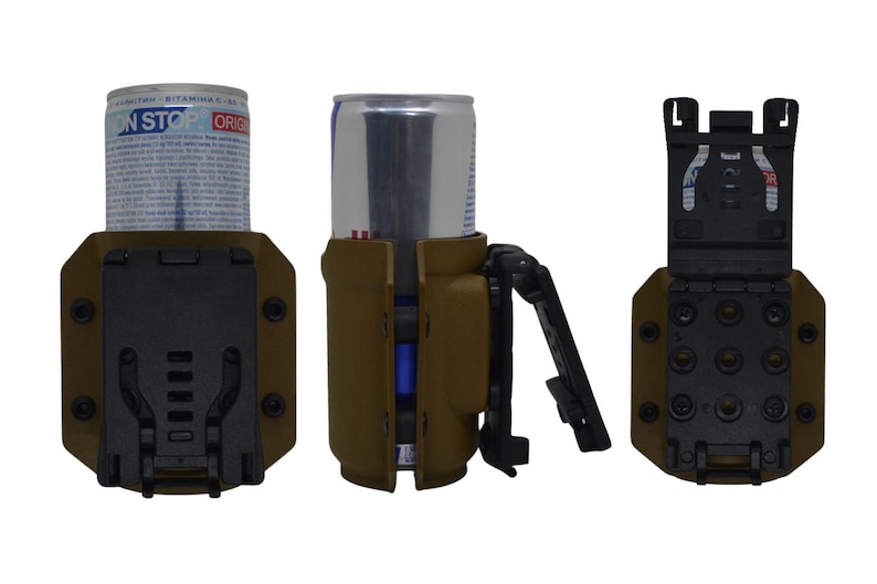 May include: Three views of a tan and black can holder. The holder is designed to secure a standard-sized beverage can. The holder has a black clip and a mounting system. The can in the holder has a white and blue label.