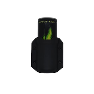 May include: Black drink holder with a cylindrical container inside. The container has the words "APPLE KIWI" in white and a green and yellow flame design. The drink holder has a rectangular shape with rounded edges and four screws.